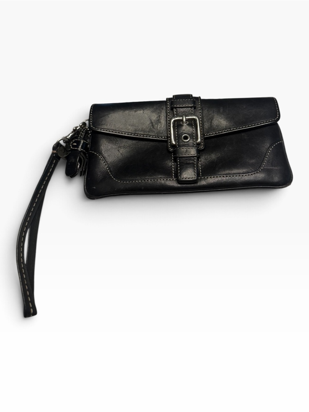 Vintage Coach Black Leather Buckle Wristlet Clutch